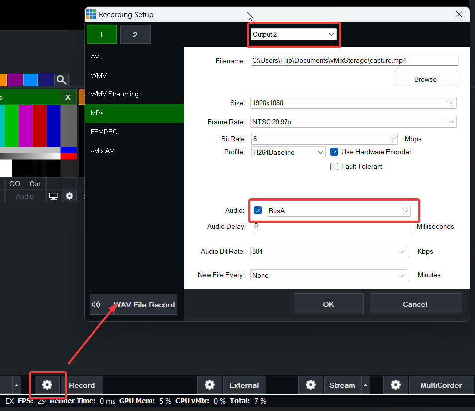 Recording Setup: Output 2