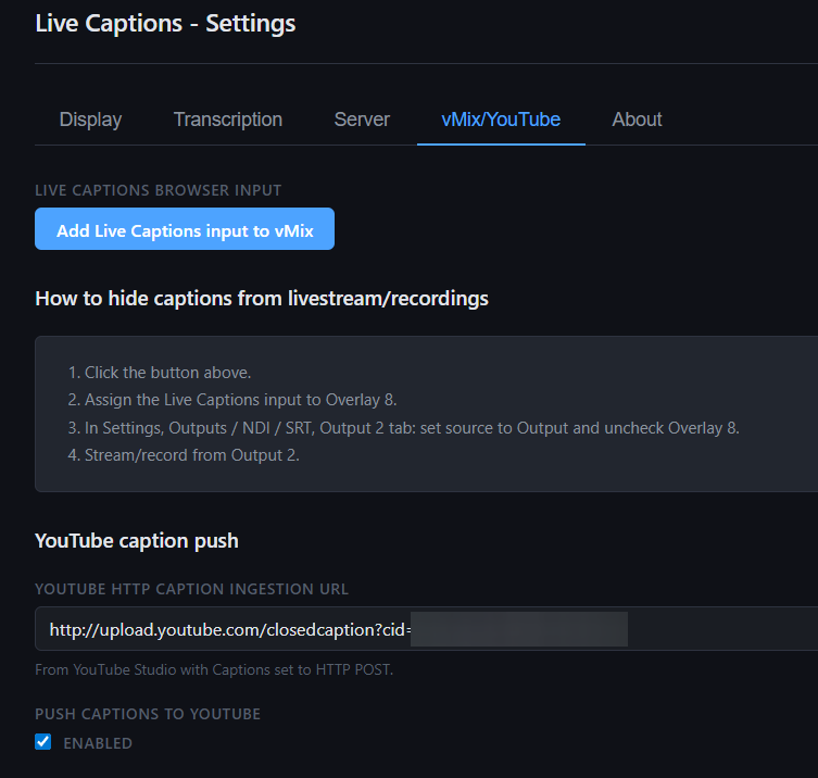 Live Captions vMix/YouTube tab